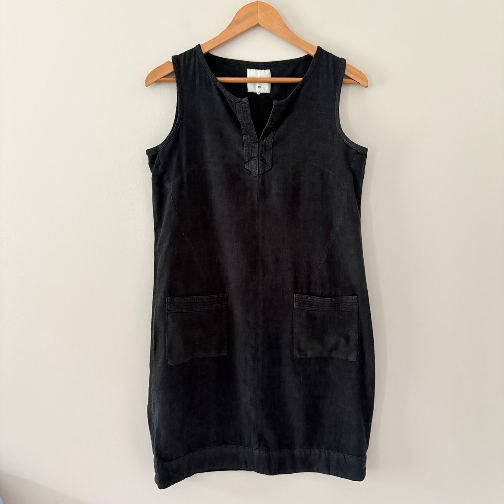 Next Dress Shift Black Linen Blend Sleeveless Split Neck Pockets US 6